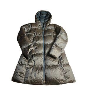 Eddie Bauer Womens M  Long Puffer Down Jacket Hooded Full Zip blue packable Coat